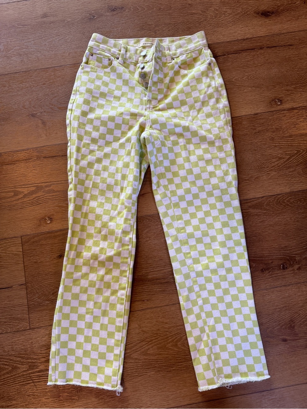 PACSUN Checkerboard High-Rise Straight Jeans - Lime/White